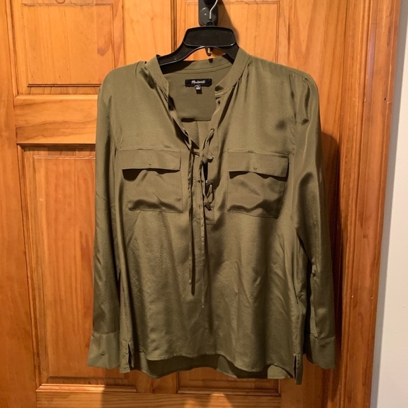 Madewell Lace Up silk Blouse Olive Small - Picture 2 of 8